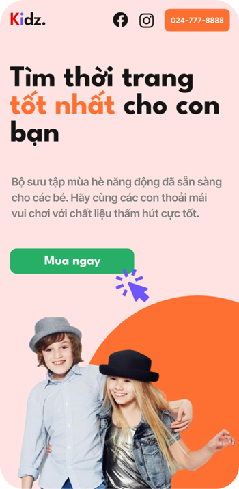 Shop thời trang trẻ em được tạo bằng landing page của shopone